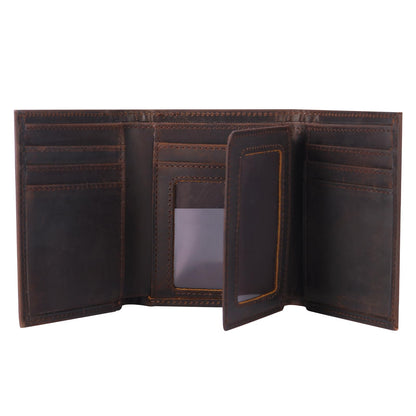 baotuiok Mens Trifold Crazy Horse Leather Wallet with 11 card Slots， Genuine Leather RFID Blocking Wallet for Men（brunet brown）