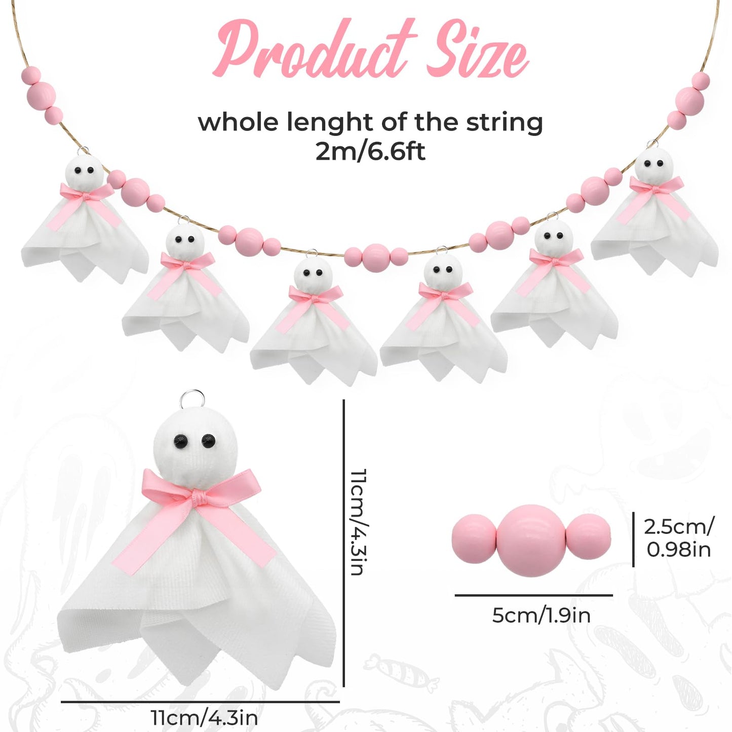 Craflox Pink Halloween Garland Ghost Decor, Pastel Girly Halloween Party Garland for Mantle, 6.6Ft Cute Spooky Pink Wooden Beads Decorations for Home Indoor, Handmade Banner