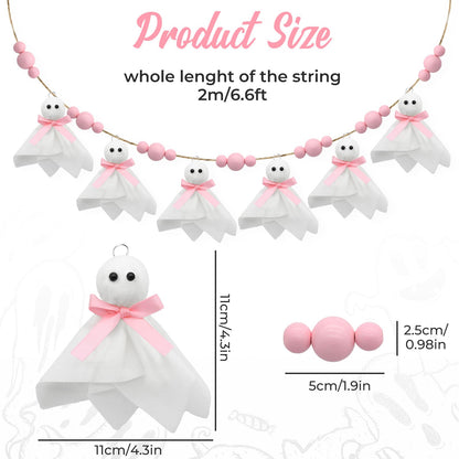 Craflox Pink Halloween Garland Ghost Decor, Pastel Girly Halloween Party Garland for Mantle, 6.6Ft Cute Spooky Pink Wooden Beads Decorations for Home Indoor, Handmade Banner
