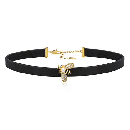 Cicy Bell Womens Black Choker Necklace 18k Gold Plated Brass Adjustable Faux Leather Punk Bumble Bee Round Party Collars Jewelry for Lover Friends