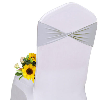 Fleurpoem Spandex Gray Chair Sashes Bows 60 Pcs Light Gray Chair Sashes Elastic Chair Cover Bands Ties Without Buckle for Wedding Birthday Party Ceremoney Events Decoration
