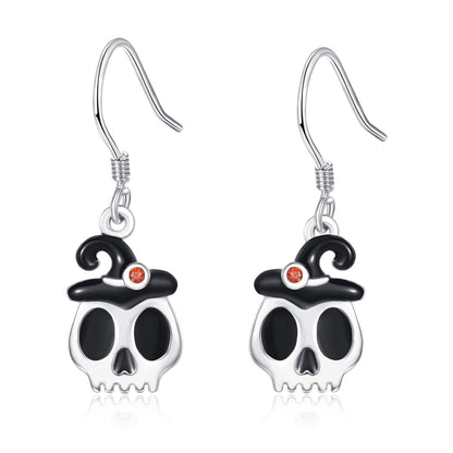 KINGWHYTE Skull Earrings 925 Sterling Silver Gothic Spooky Halloween Earrings Dangle Skull Earrings with Hat Halloween Jewelry Gifts for Women
