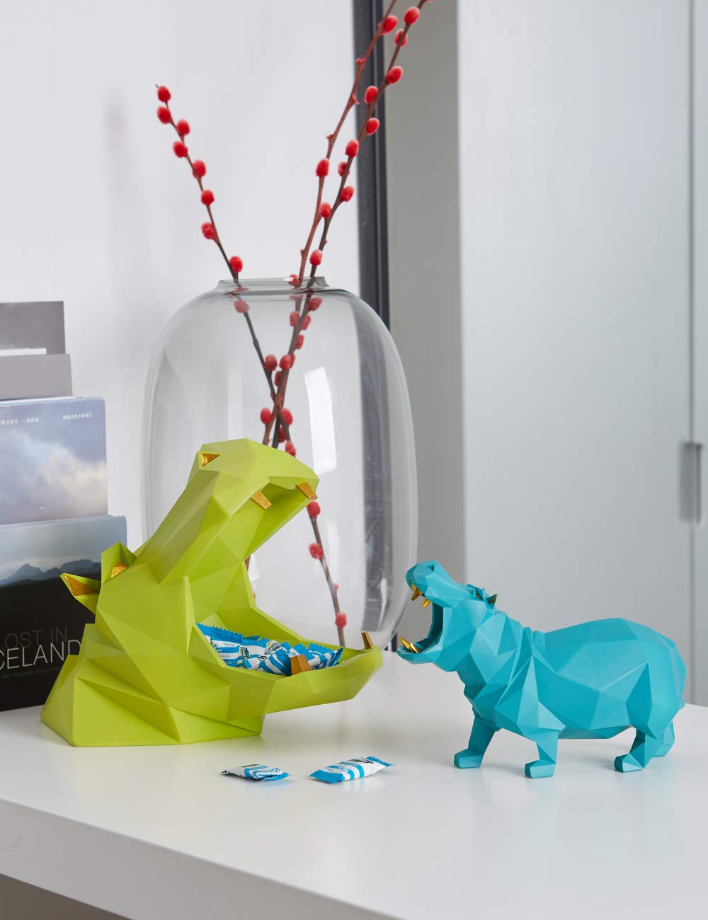 HAUCOZE Hippo Candy Dish Cookie Jar Storage Statue Modern Home Decor Sculpture Table Centerpiece Gift for Living Room Blue 9.1 Inch