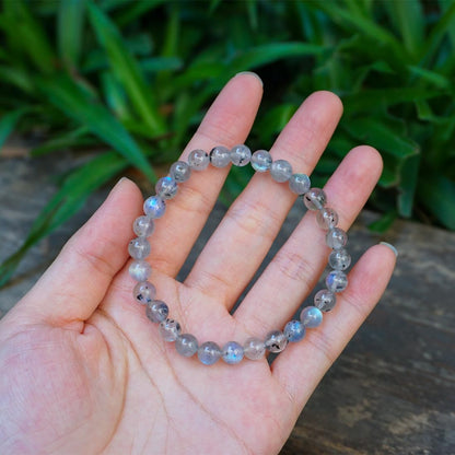 Natural Labradorite Crystal Bracelet 6mm | Crown Chakra Stone with Leather Pouch, Gift Box & Extra Beading Kit | Fits 6.5-7 inch Wrist