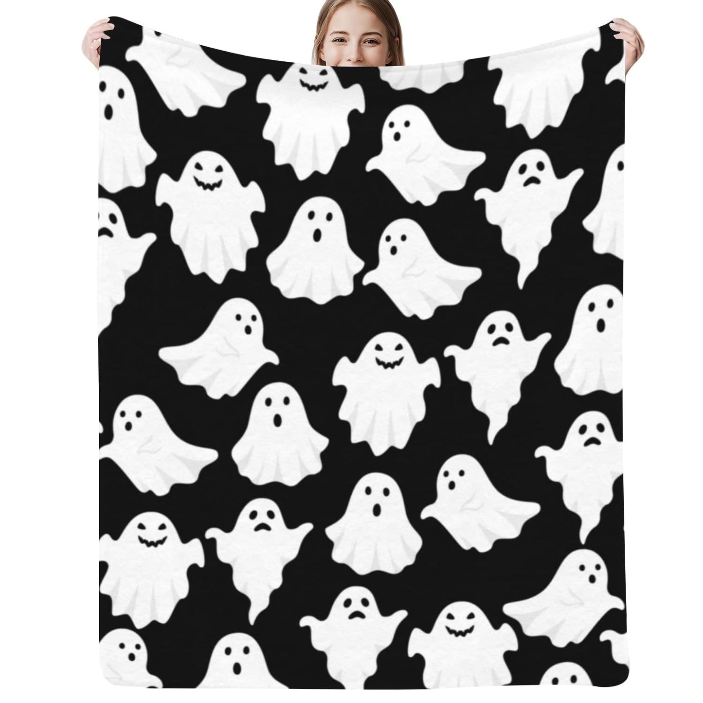 Jbralid Halloween Throw Blankets Funny Ghost Cute Halloween Spooky Black and White Throw Blanket Lightweight Cozy Flannel Blanket for Bedroom Living Rooms Couch Sofa Bed Home Decorations 60x80 Inch