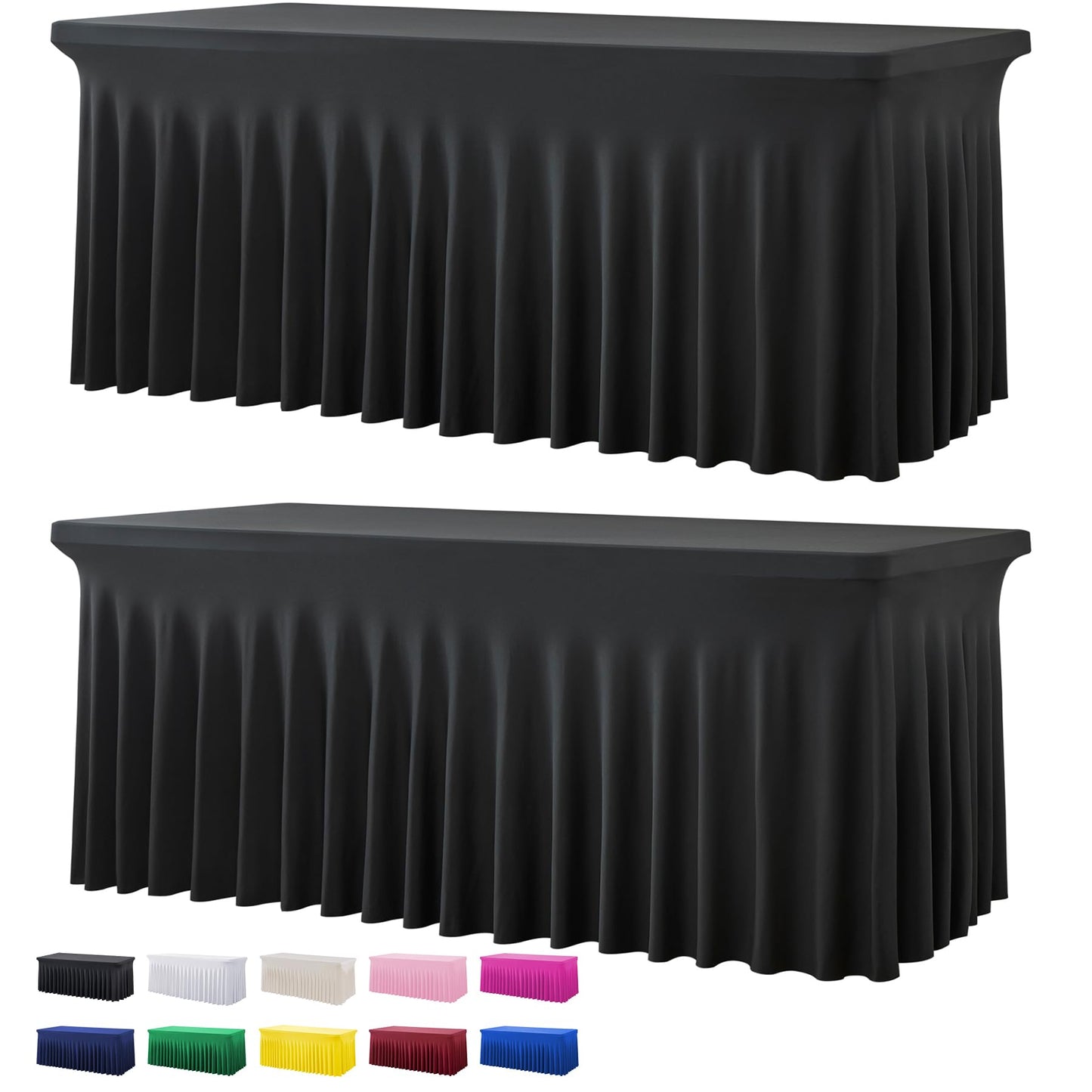 2 Pack Black Spandex Table Covers for 6 Foot Rectangle Tables, Wrinkle Free Fitted Tablecloths 6ft Stretch Table Clothes with Skirt for Parties Weddings Birthday Banquet Baby Shower