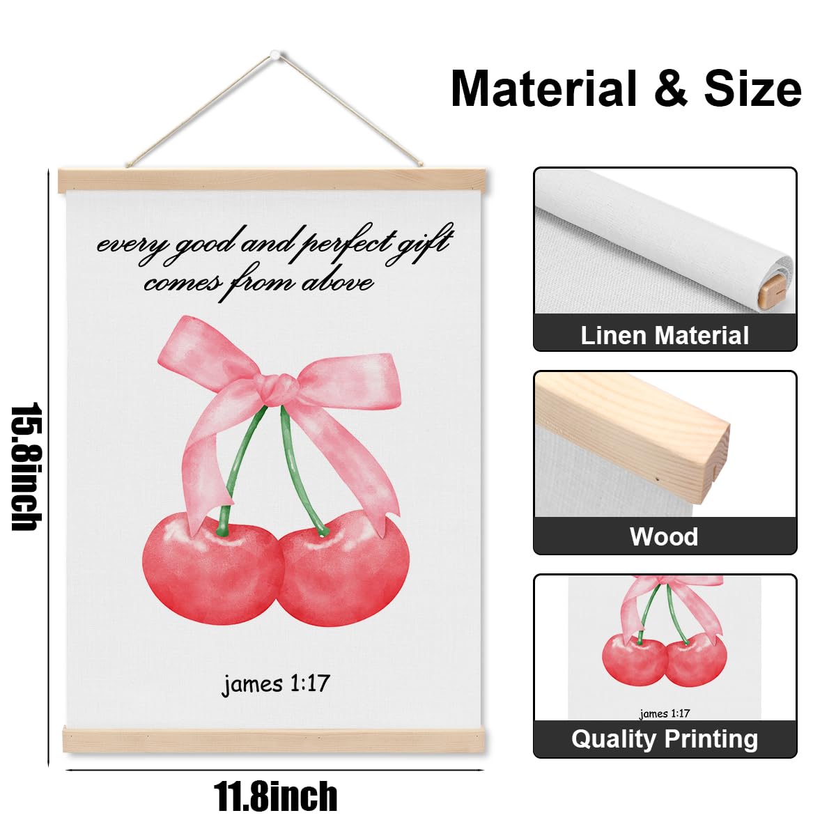 Cherry Bathroom Wall Decor Poster Hanger, Bow Cherry Wall Hanging Banner, James 1:17 Christian Art Framed, Bible Verse Decor for Bathroom Home Bedroom Living Room, Gifts for Women Friend family
