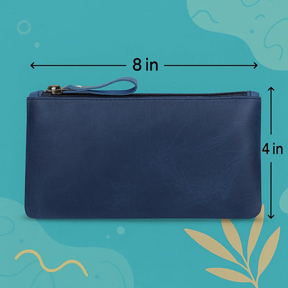 TheAntiq Blue Leather Pencil Pouch with Zipper - Slim Pen Holder (8" x 4" Inches), Coin Pouch & Cash Holder, Genuine Leather Pencil Case, Money Organizer, Multipurpose Accessory Case for Men & Women