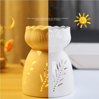 Lyellfe 3 Pack Ceramic Tealight Candle Holder, Essential Oil Burner with Spoon, White Carved Wax Warmer Aroma Diffuser Furnace for Birthday Valentines Home Decor