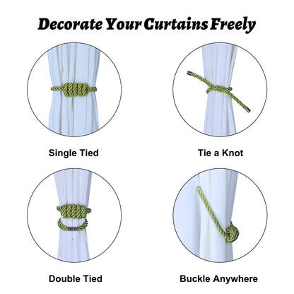 BEL AVENIR Magnetic Curtain Tiebacks, Decorative Drapery Holdbacks Modern Woven Tie-Backs with Exquisite Knot (Green, 4 Pack)