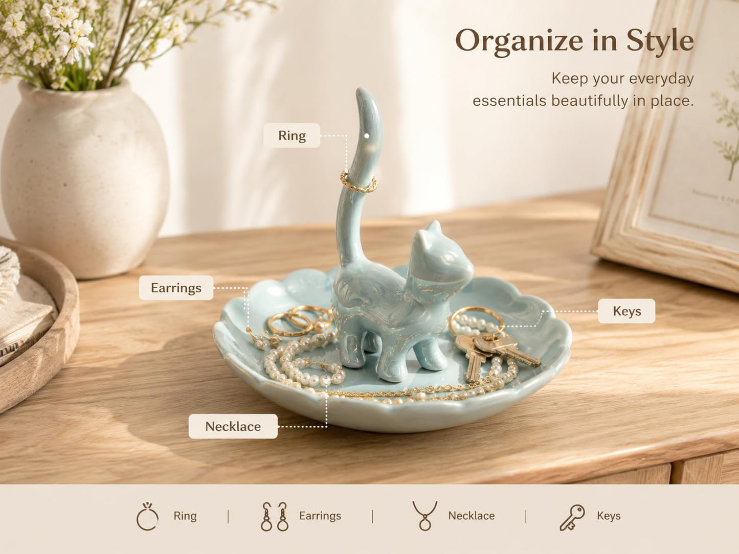 bwszrosa Cat Ring Holder Jewelry Dish–Ceramic Trinket Tray for Rings,Earrings,Necklaces & Bracelets,Cute Cat Jewelry Organizer for Vanity,Nightstand,Dresser,Birthday Gift for Women,Girls Cat Lovers