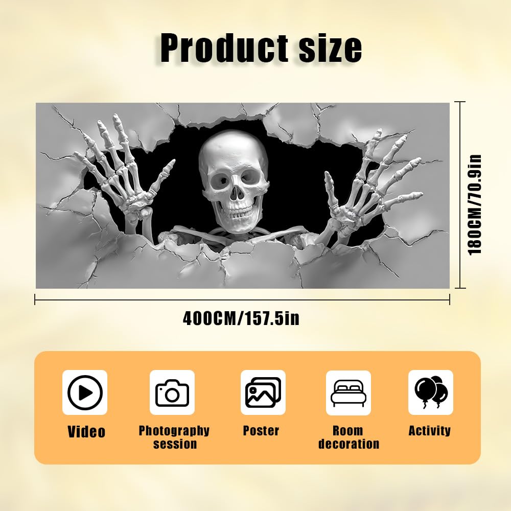 WDESYADMS Skeleton Garage Door Cover 157.48 × 70.87 Inch Scary 3D Cracked Wall Skeleton Garage Door Decoration for Outdoor Halloween Party Yard Home Decor