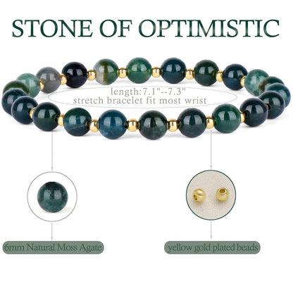 QOGIR Moss Agate - Stone of Optimistic - 14K Gold Plated Beads Natural Gemstone Stretch Elastic Dainty Healing Beaded Bracelets Gifts 6mm