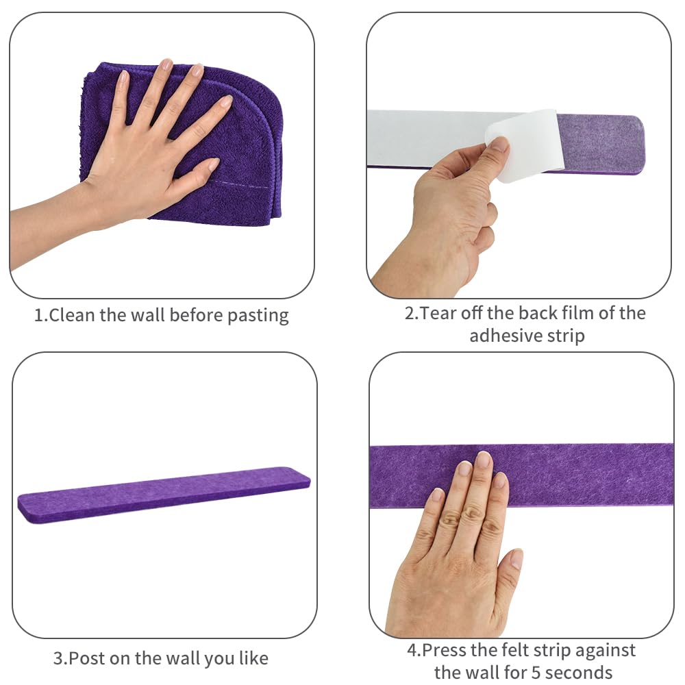 Vuzvuv 8 pcs Bulletin Board Bar Strips with 50 Pushpins & 10 Wooden Clip pins，Self Adhesive Cork Board for Wall，Felt Pin Board for School，Office Decor(Purple)