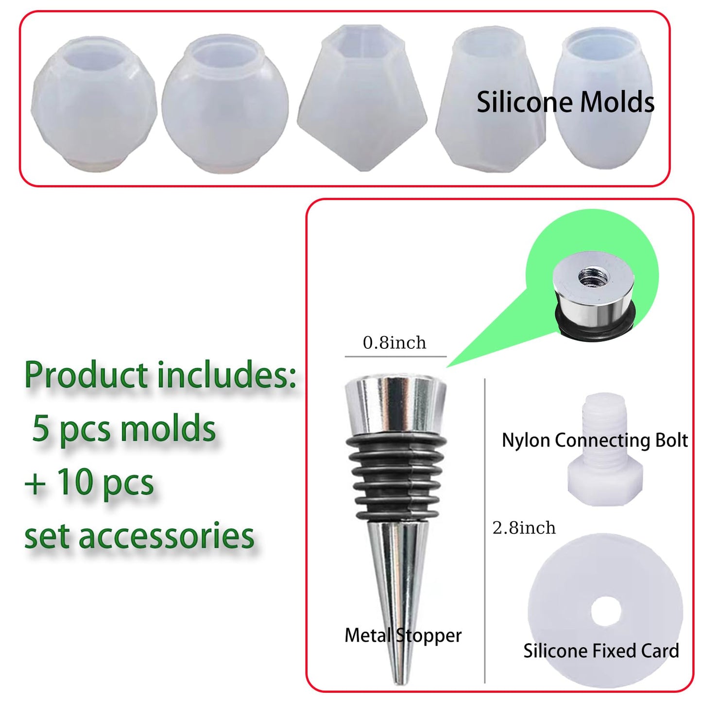 JIOFAVIU 15 Pcs Resin Wine Bottle Stoppers Molds Set, Wine Stopper Silicone Molds for Epoxy Resin (5 Molds and 10 Stoppers with 10 Screws)