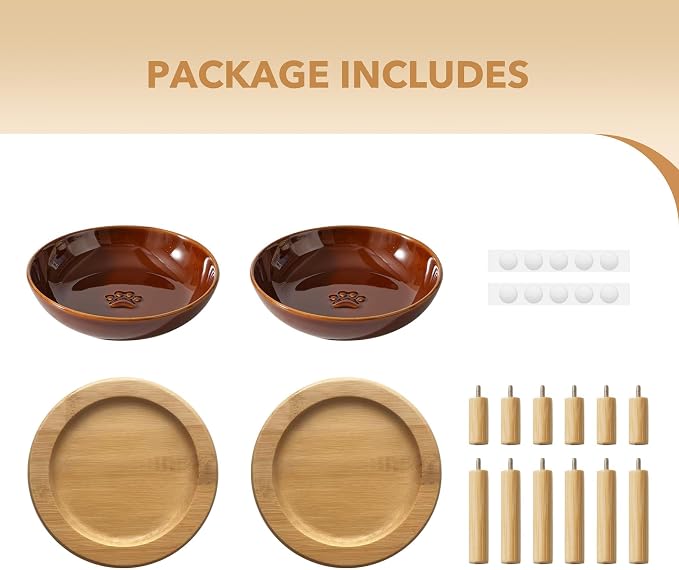 Havniva Elevated Cat Bowls Raised Ceramic Cat Bowl, 5.7” Wide Opening Cat Food Bowl Whisker Friendly Cat Dish Anti-Slip with Bamboo Stand, Shallow Pet Food & Water Bowl for Indoor Cats