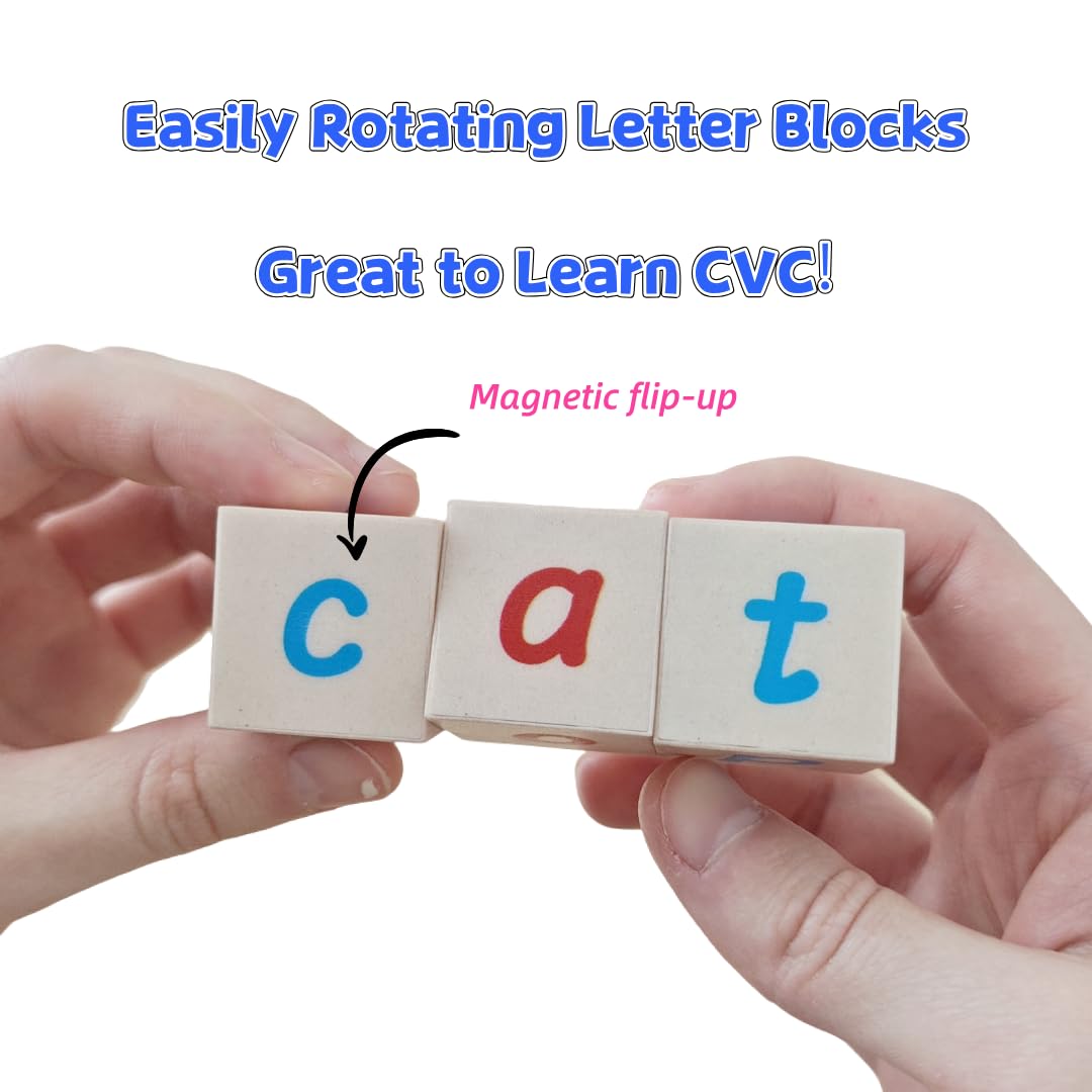 Magnetic CVC Letter Cubes Writing Boards Set. 32 Magnet ABC Blocks, 2 Magnetic Spelling Boards, 100 Word Building Cards, CVC/CVCC Literacy Spelling Reading Alphabet Manipulative Phonemic Awareness