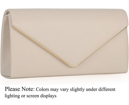 Vegan Leather Envelope Clutch Bag Classic Dressy Purse Foldover Evening Handbag Beige Medium