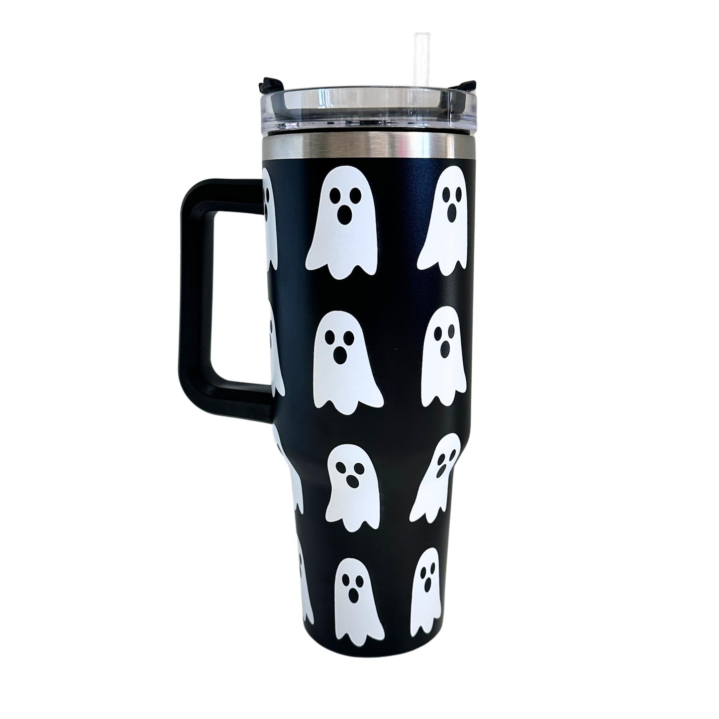 Lashicorn Ghost Boo 40 oz. Tumbler with Handle Black and White Halloween Modern Fall Cup with Lid and Straw Wrap Simply