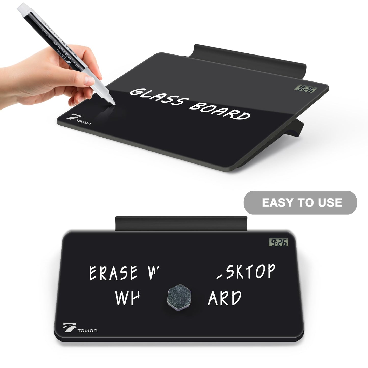 TOWON Small White Board for Desk with Clock, Small Desktop Whiteboard Glass with Pen Holder, Time Reminder Dry Erase Board, Whiteboard for Desk, Digital LCD Display, for Home Office, Black, 8 x 6 in