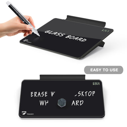 TOWON Small White Board for Desk with Clock, Small Desktop Whiteboard Glass with Pen Holder, Time Reminder Dry Erase Board, Whiteboard for Desk, Digital LCD Display, for Home Office, Black, 8 x 6 in