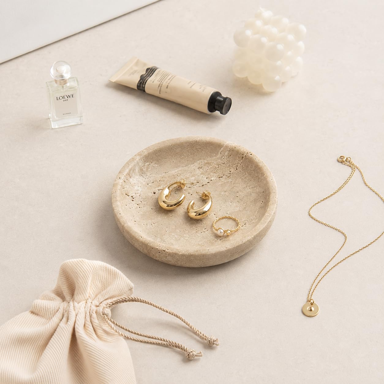 Small Natural Marble Jewelry Tray Key Plate Holder Dish Trinket Decor Catch All Bowl for Ring Earring Stone Gift for Women Daugther,Beige Travertine，5.5"