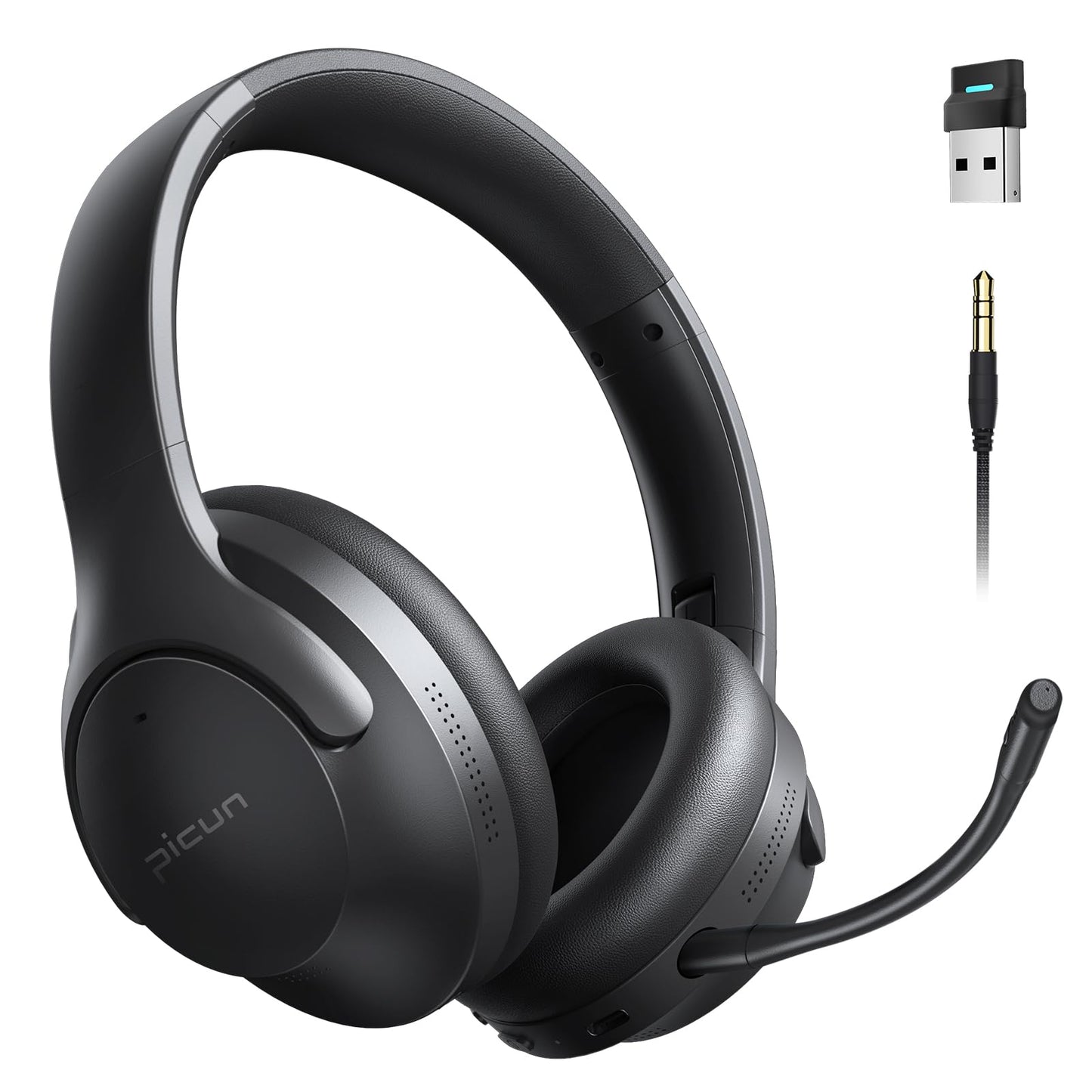Picun Wireless Gaming Headsets with Active Noise Cancelling, 2.4Ghz/Bluetooth Over Ear Headphones with Detachable Boom Mic, 3D Surround Sound, 50H Playtime for PC, PS5/PS4, Laptop, Cellphones (Black)