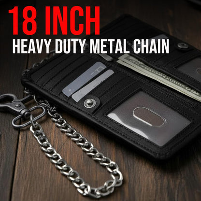 CLASSIC Motorcycle Chain Wallet for Men – Premium Cowhide Leather, RFID Bi-Fold Biker Wallet with Heavy Duty Chain for Bikers Truckers & Hunters, Credit Card Money Organizer Long Wallet Aniline Black