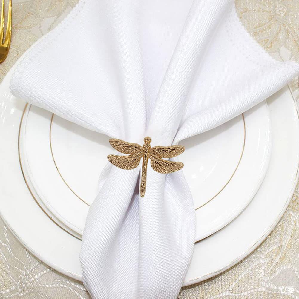 Dragonfly Napkin Rings Set of 10, Animal Insect Dragonfly Napkin Ring Holder for Easter, Wedding, Christmas, Dinner, Family Gathering Party Napkin Cloth Ornament Decoration Table Accessories (Gold)