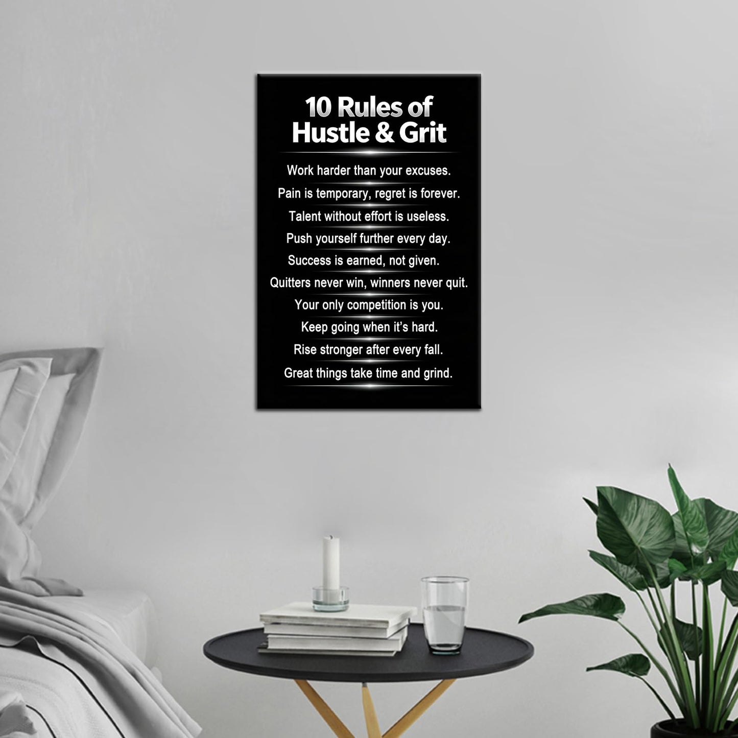 PSYYSP Motivational Wall Art 10 Rules Of Hustle And Grit Inspirational Posters Canvas Decor Inner Framed Entrepreneur Mindset Positive Quotes Painting For Home Office Gym 18x12 Inch