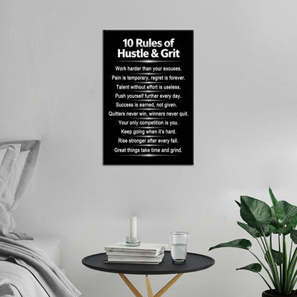 PSYYSP Motivational Wall Art 10 Rules Of Hustle And Grit Inspirational Posters Canvas Decor Inner Framed Entrepreneur Mindset Positive Quotes Painting For Home Office Gym 18x12 Inch