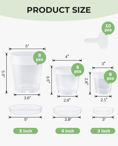 homenote 3/4/5 Inch Clear Nursery Pots 24 Pack with Drainage and Plant Saucers, Variety Pack Rigid High-Transparency Plastic Nursery Pots for Plants, Planter Nursery Pots with Upgraded Drainage Holes