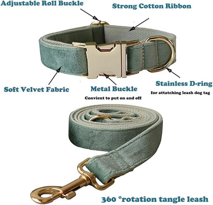 Love Dream Velvet Dog Collar and Leash Set, Soft & Comfy Adjustable Dog Leash and Collar with Heavy Duty Metal Buckle for Small Medium Large Dogs Training & Walking (XLarge, Mint Green)