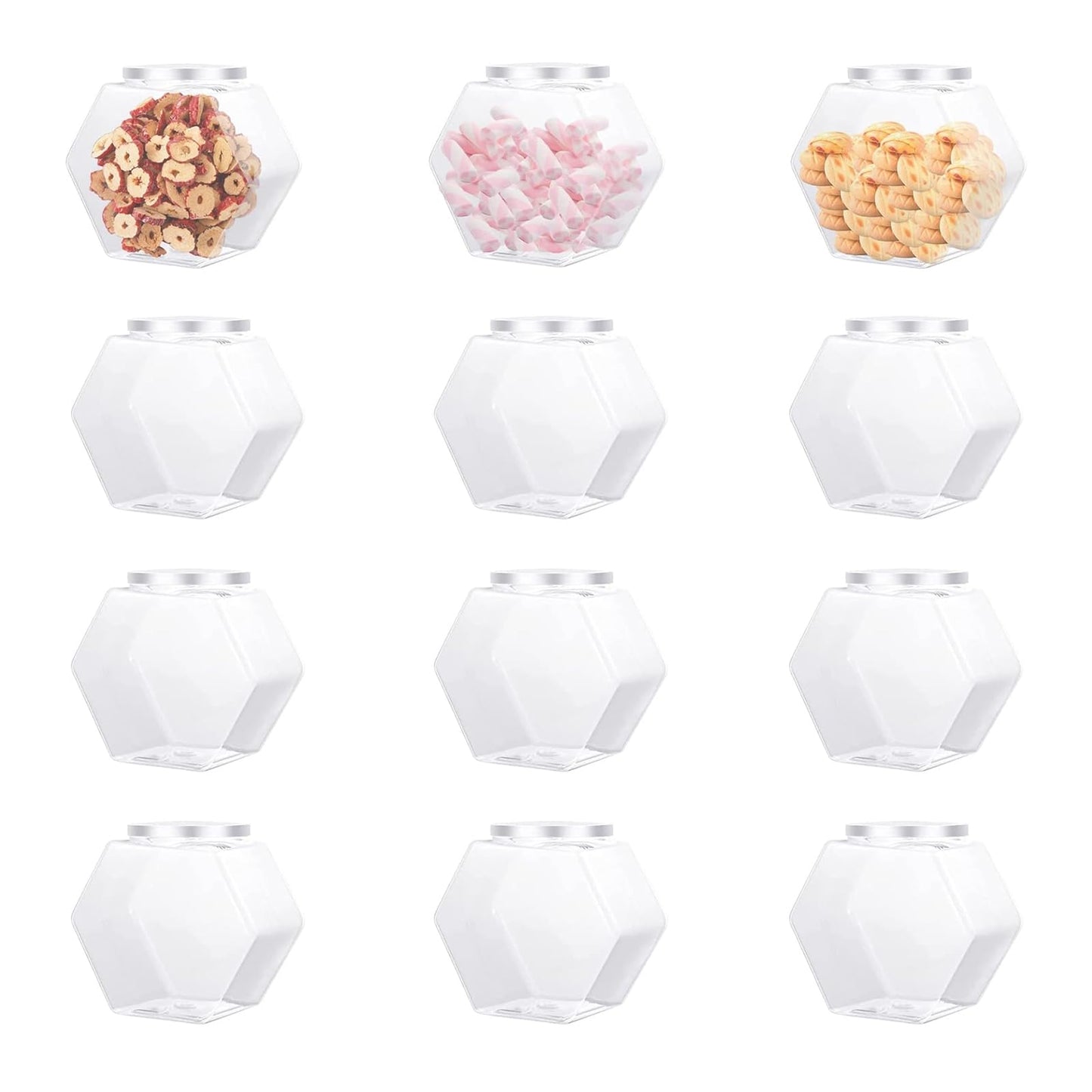 Merkaunis 12 Pcs Hexagon Plastic Jars 30oz Clear Candy Jar Plastic Cookie Jars with Airtight Lids Wide Mouth Reusable Containers Bulk Coffee Candy Display for Dog Treat Gifts Buffet Laundry Pod