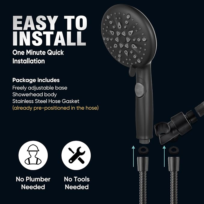 Cobbe 9-Function Shower Head with Built-in Power Spray, 1.8 GPM Water Saving ON/OFF Toggle Switch, High Pressure Handheld Showerhead with 1-Click Pause Button, Brass Bracket & 6ft Hose, Matte Black