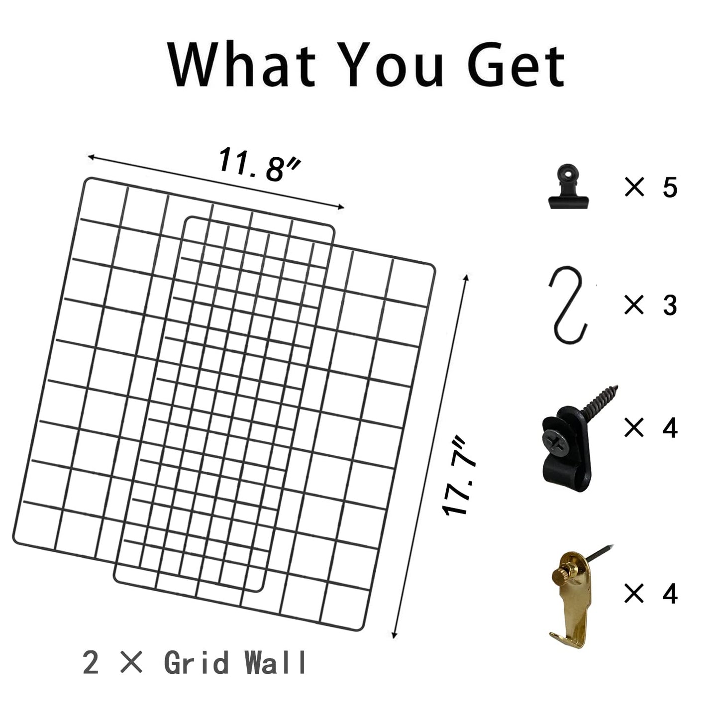 FRIADE Wall Grid Panel for Photo Display,Wall Storage Organizer,5 Metal Clips & 3 S Hooks & 4 Nails & 4 Plastic Hanging Buckles and 4 Screws Offered,Size 17.5" x 11.8"，Set of 2 (Black)