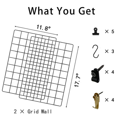 FRIADE Wall Grid Panel for Photo Display,Wall Storage Organizer,5 Metal Clips & 3 S Hooks & 4 Nails & 4 Plastic Hanging Buckles and 4 Screws Offered,Size 17.5" x 11.8"，Set of 2 (Black)