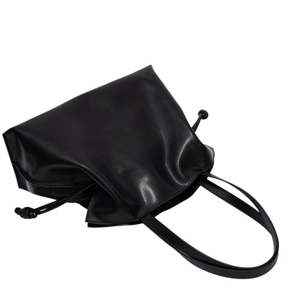 CLARANY Leather Drawstring Tote Bag, Black Genuine Leather Shoulder Bag with Magnetic Snap Closure, Elegant Travel Work Handbag