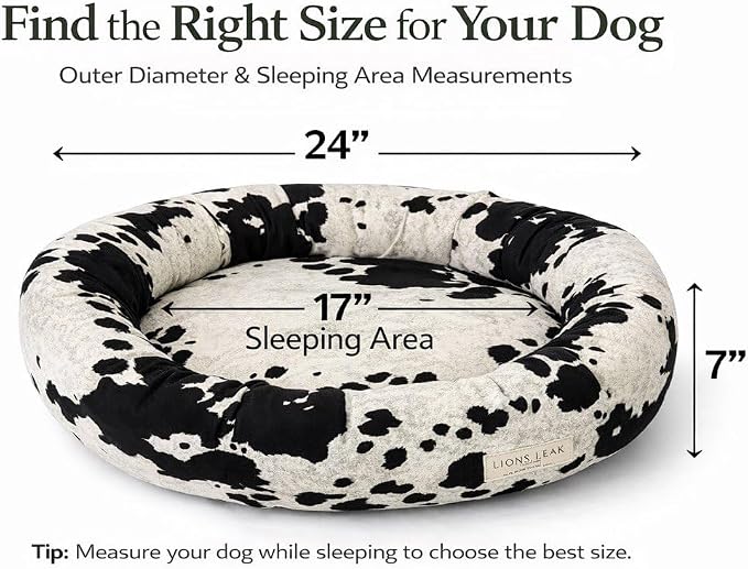 Round Dog Bed – Natural Canvas, Removable Washable Cover, Raw Cotton or Latex Fill, Hypoallergenic Non-Toxic, Made in USA (Cow Print Black White, Small, Firm Support – Raw Cotton)