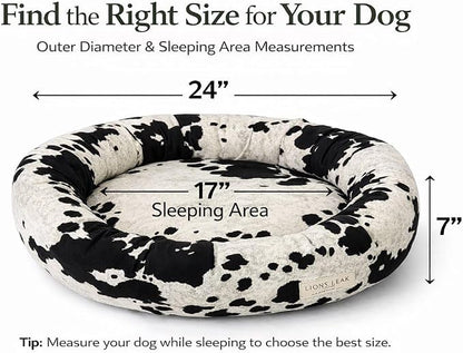 Round Dog Bed – Natural Canvas, Removable Washable Cover, Raw Cotton or Latex Fill, Hypoallergenic Non-Toxic, Made in USA (Cow Print Black White, Small, Firm Support – Raw Cotton)