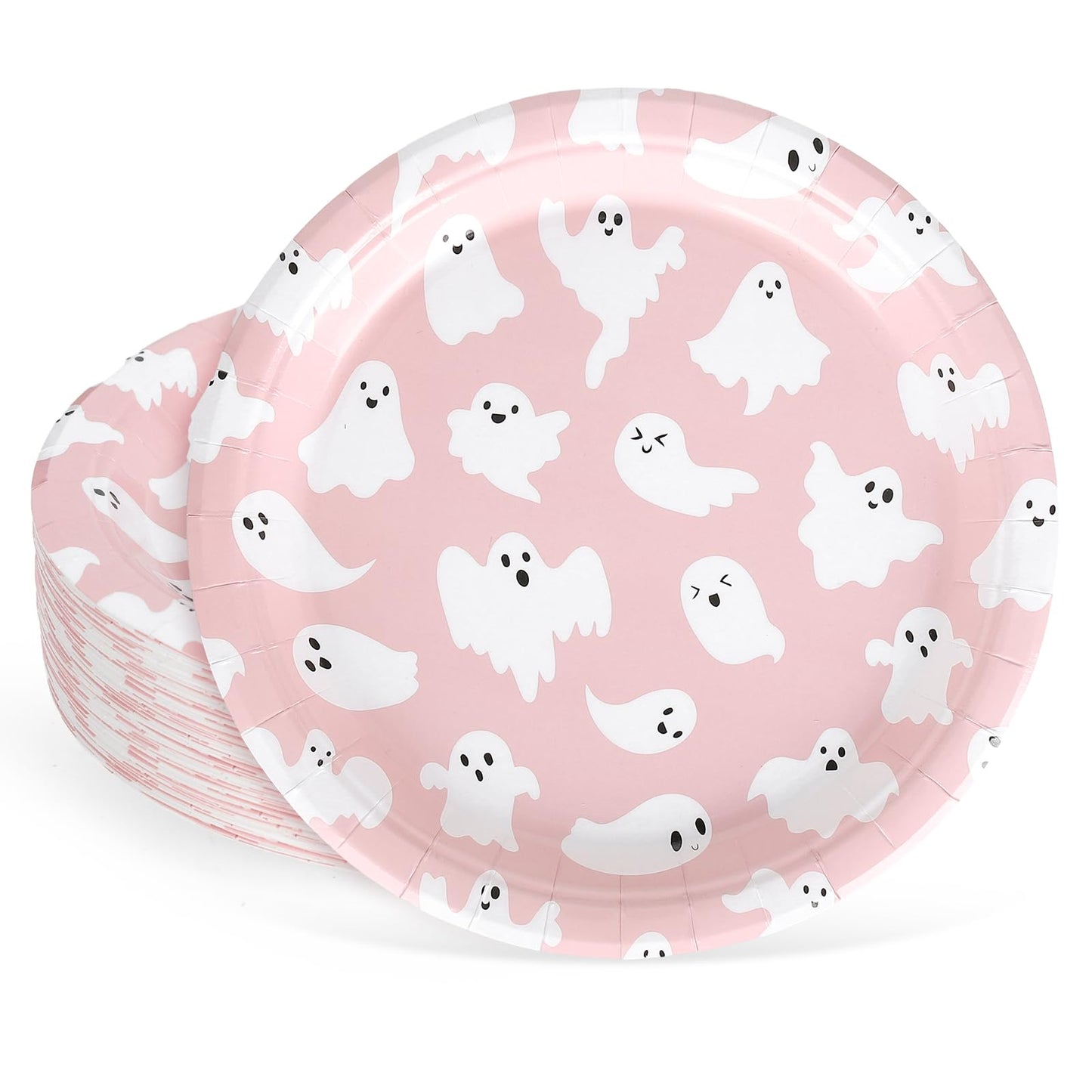 Whaline 40Pcs Halloween Paper Plates Pink Ghost Disposable Plates 9 Inch Cute Cartoon Ghost Decorative Round Plate for Halloween Summerween Party Birthday Baby Shower Table Decor