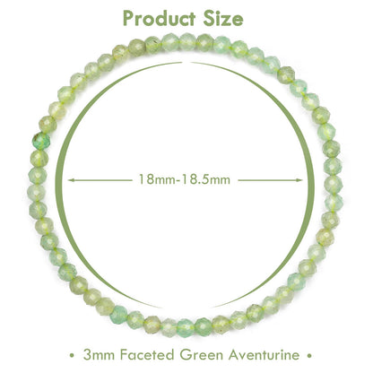 BONNY BOXX Natural Genuine Gemstone Faceted Round Beads Bracelets, 3mm Adjustable Stretchy Tiny Faceted Green Aventurine Bracelet, Healing Crystal Reiki Chakra Dainty Jewelry Fashion Gifts