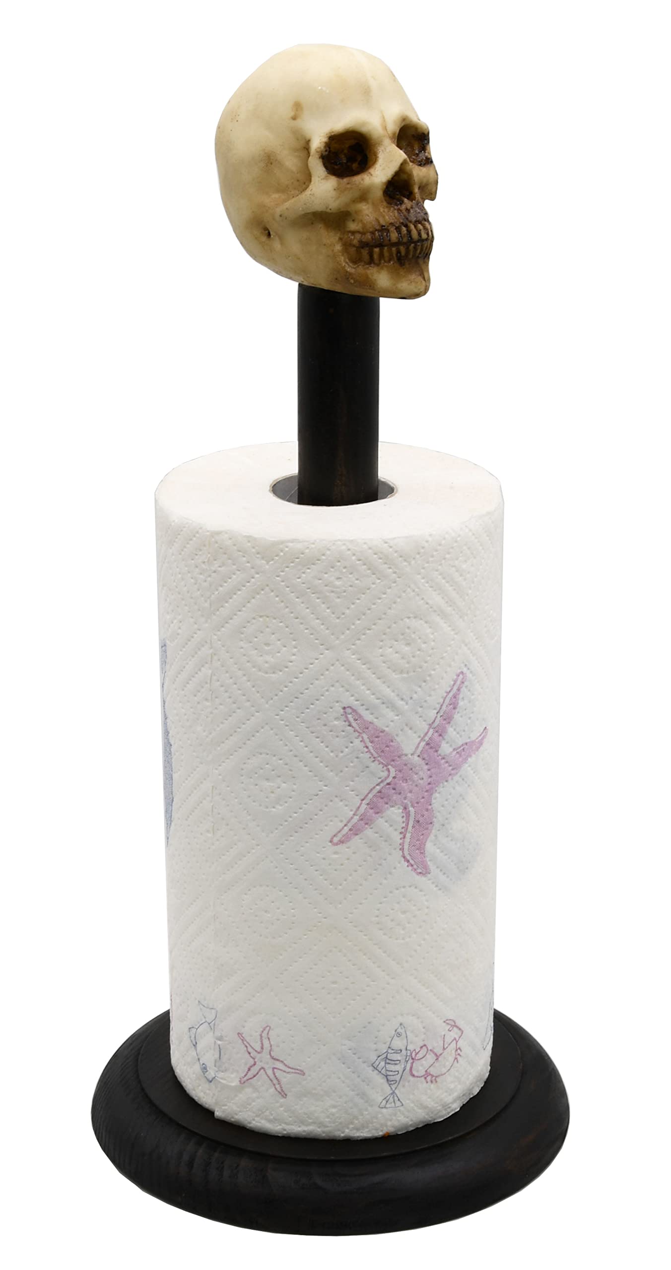 Rustic Wood Skull Paper Towel Holder Stand Up Paper Towel Holder, Easy One-Handed Tear Kitchen Paper Towel Dispenser with Weighted Base for Standard Paper Towel Rolls,Rustic Black
