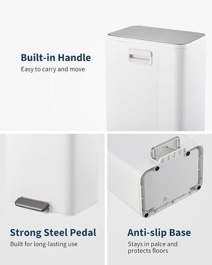 4.8 Gallon/18 Liter Trash Can, Stainless Steel Step Garbage Can with Quiet Soft-Close Lid, Foot Pedal & Removable Inner Bucket, Rectangular Trash Bin for for Small Kitchen Home Garage Office, White