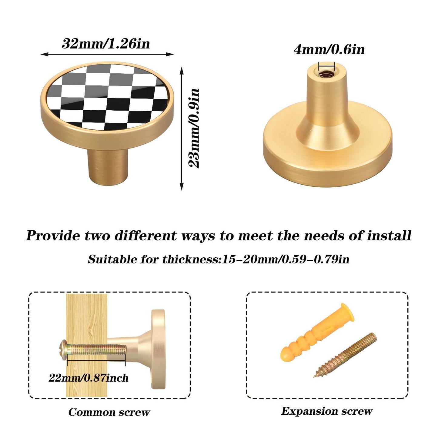 XDKDZIS Checkered Black White Grid 32mm Pull Handles for Cabinets Drawers 4 Pack Dresser Golden Metal Knobs
