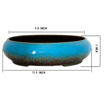 Succulent Pots - 11.5 Inch Ceramic Bonsai Pots with Drainage, Large Shallow Succulent Planters for Indoor Outdoor Plants, Round Glazed Cactus Flower Plant Container Bowl Home Desk Decor(Blue)