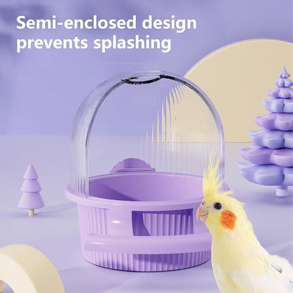 No Mess Bird Feeder for Cage, Parakeet Feeder with Easy Refill Top Hole, Semi Enclosed Dome Design for Food or Water, Prevents Seed Scatter, PC+ABS, Purple (6.5 x 4.9 x 5.4 in)