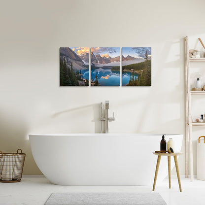 jejeloiu Lake Mountain Canvas Wall Art for Living Room Bedroom 12"x16"x3pcs Tree Sunrise Picture Wall Decor for Bathroom Nature Landscape Office Decorations Artwork Posters Foggy Scenic Painting