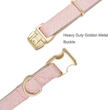 Soft Dog Collar and Leash Set Adjustable Woven Tweed Dog Collars with Metal Buckle and Lead for Small Medium Large Dogs,Pink