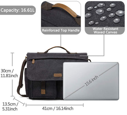 Messenger Bag for Men, VASCHY Vintage Water Resistant Waxed Canvas Satchel 15.6 inch Laptop Briefcase Shoulder Bag with Padded Shoulder Strap Gray